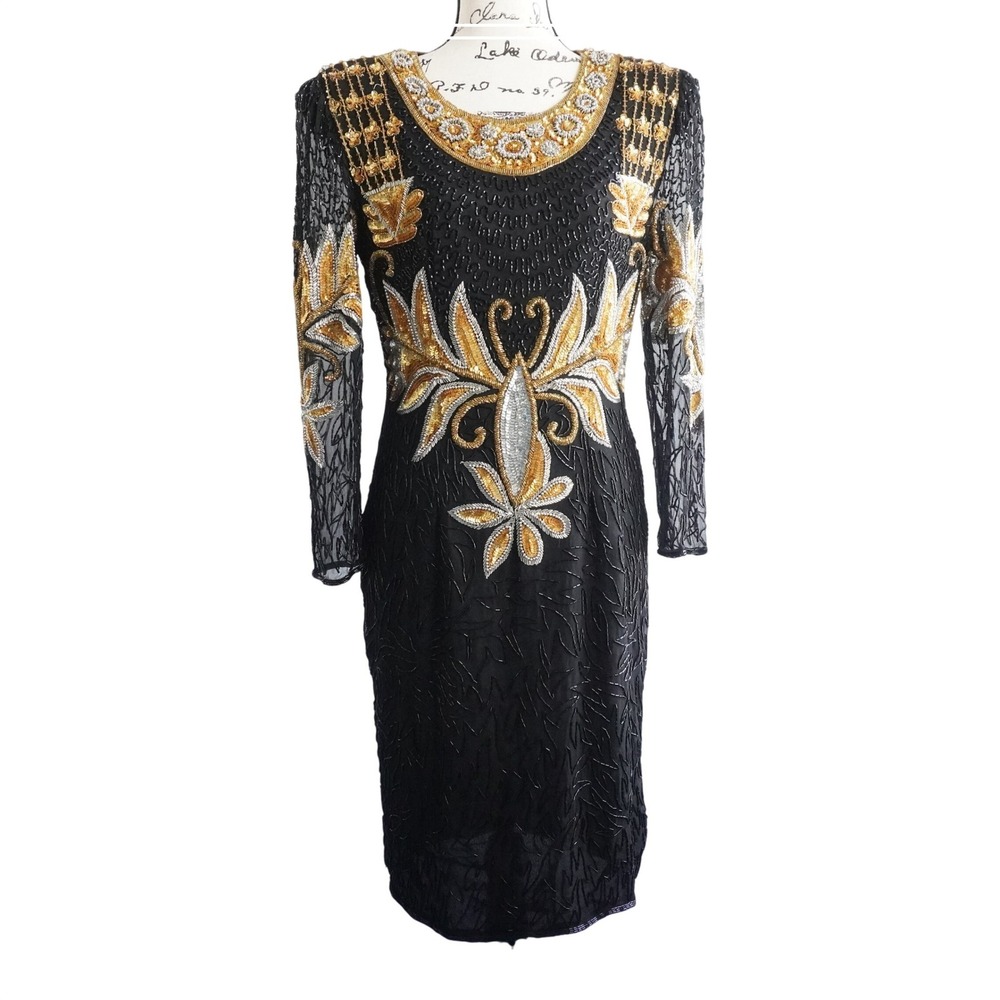 VTG Black Sequin Gold‎ Silver Embellish Long Sleeve Evening Dress M Mardi Gras
